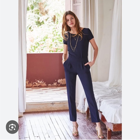Sezane Combinaison Charles Marine Jumpsuit Tie Back Navy Blue Sz 36 US 4 NEW - Picture 1 of 12